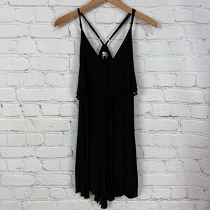 Black Boho dress Pom Pom Trim Strappy summertime playful size small vacation